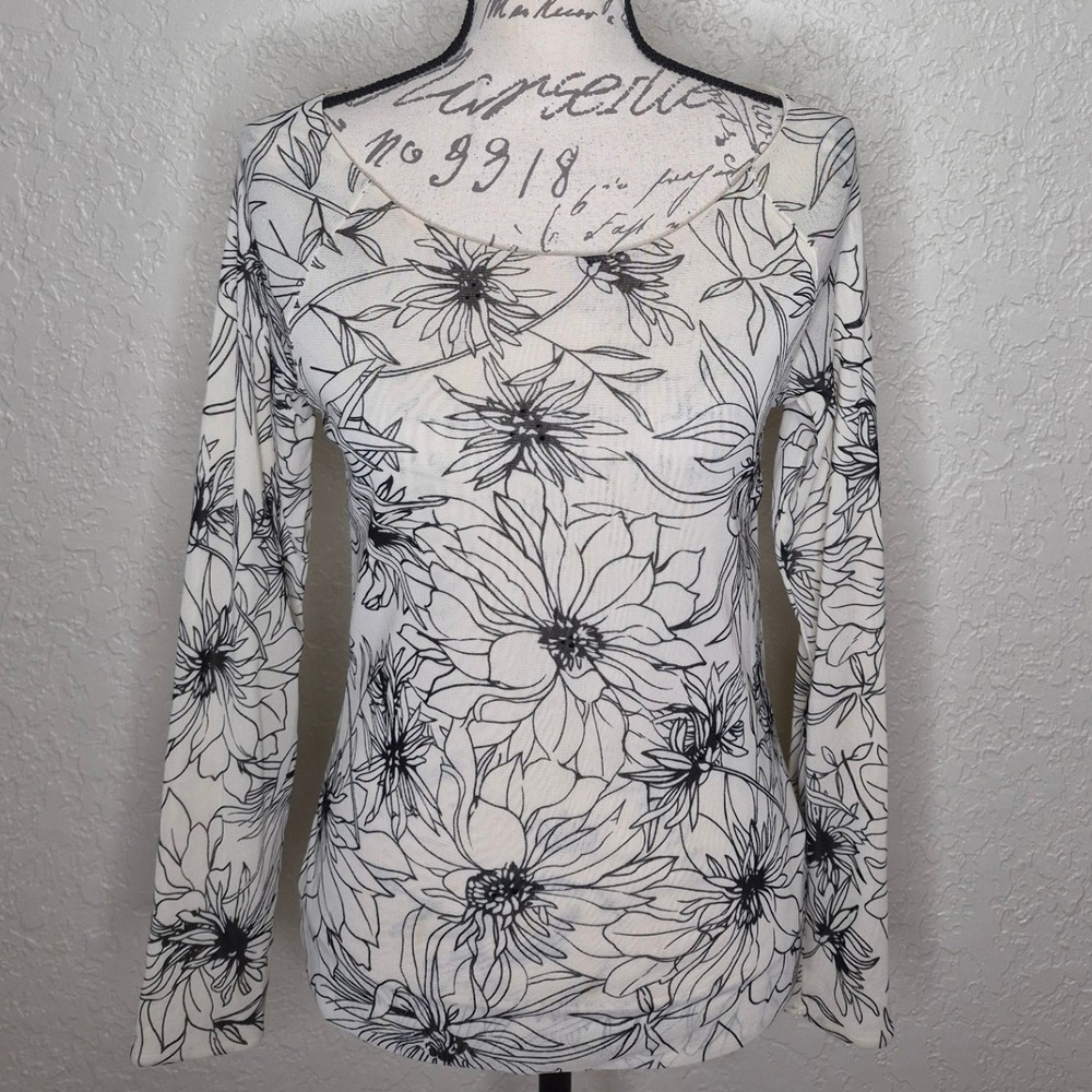 The Limited Floral Mesh Long Sleeve Top Cream Black Size L Scoop Neck Sketched